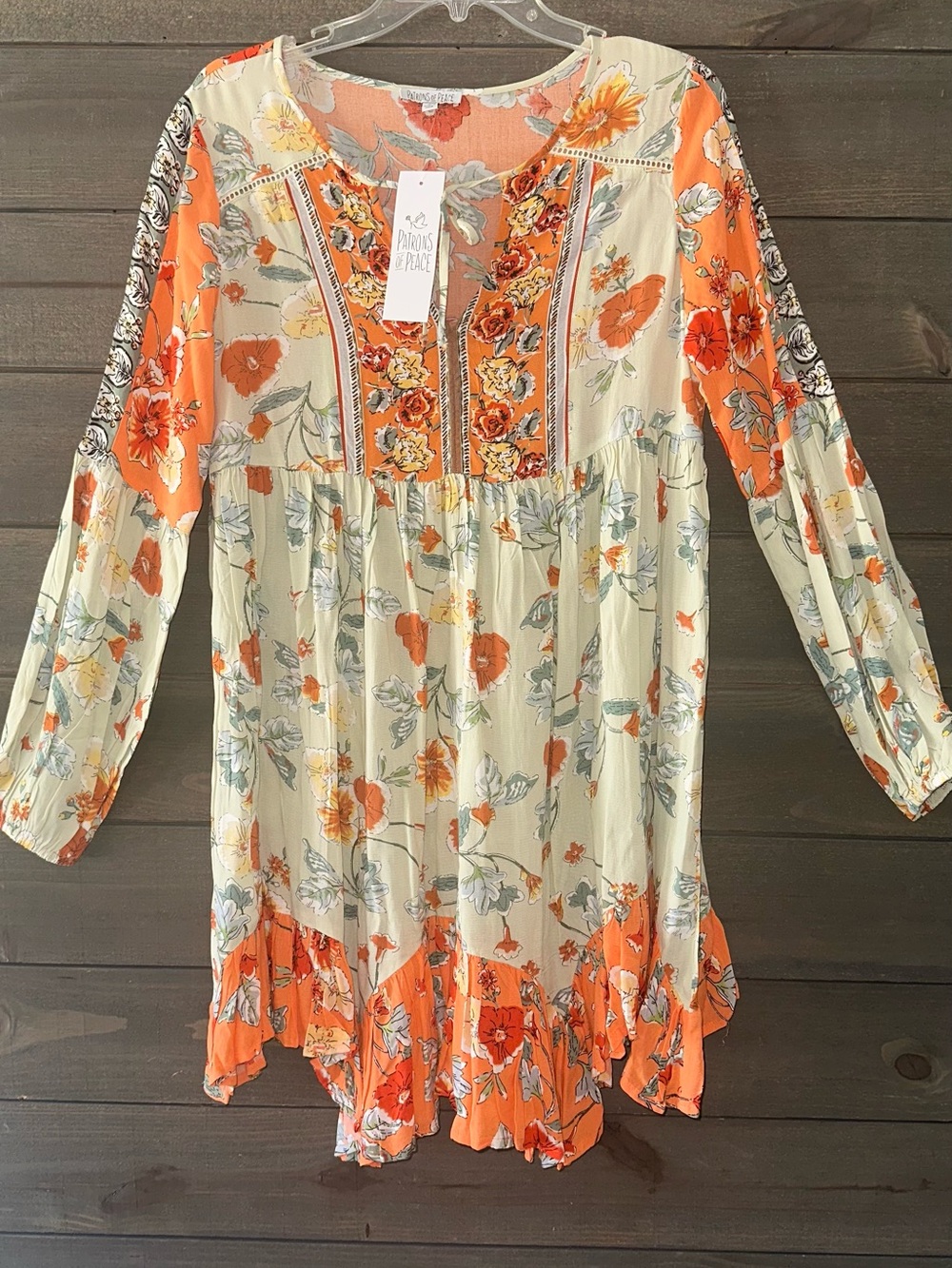 NWT PATRONS OF PEACE Fire Orange Floral Peasant Tunic Dress.